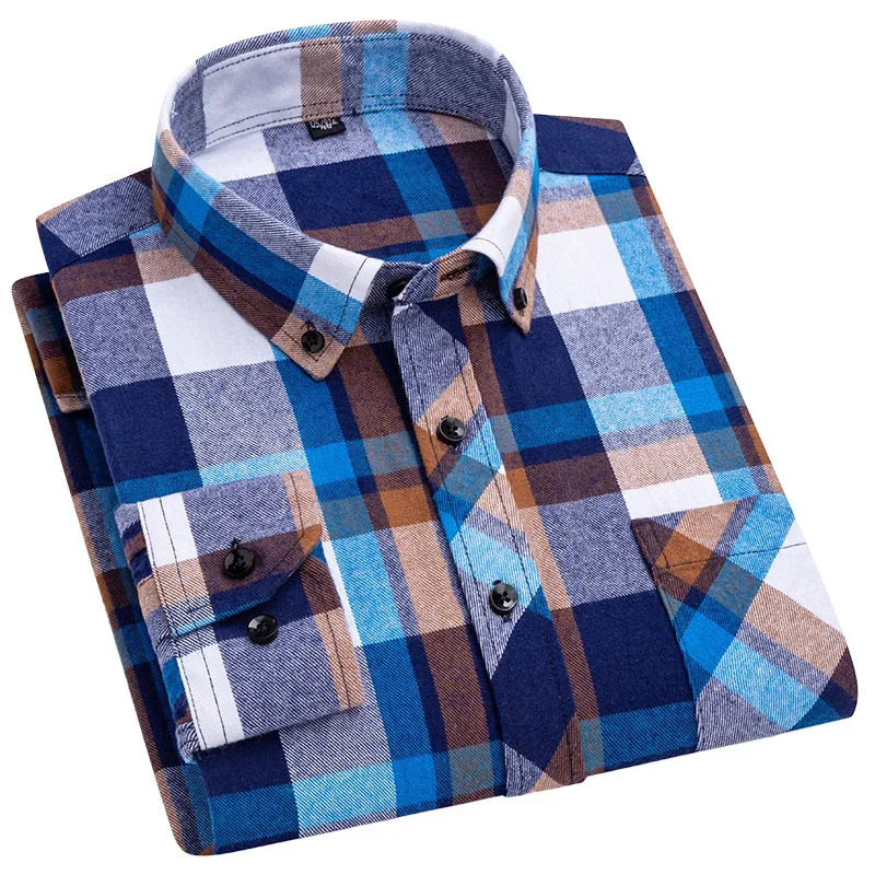 Casual StandardFit Thick Flannel Shirt Plaid Shirts For Men Long Sleeve Pure Cotton Fashion Single Patch Pocket n Young 241224