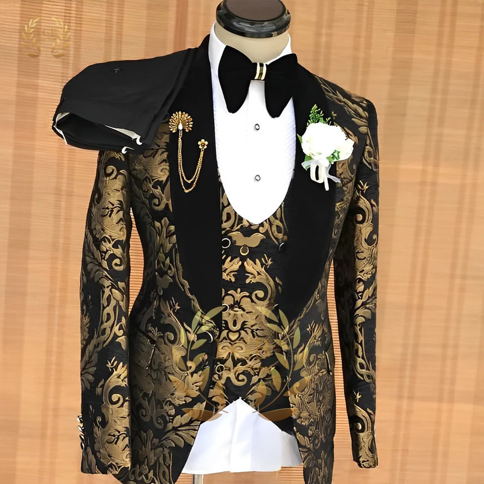 Mens Gold Jacquard Fashion Wedding SuitBlack Blazer Vest Pants 3 Piece SetGroom Party Formal Dress Custom Tuxedo 241225