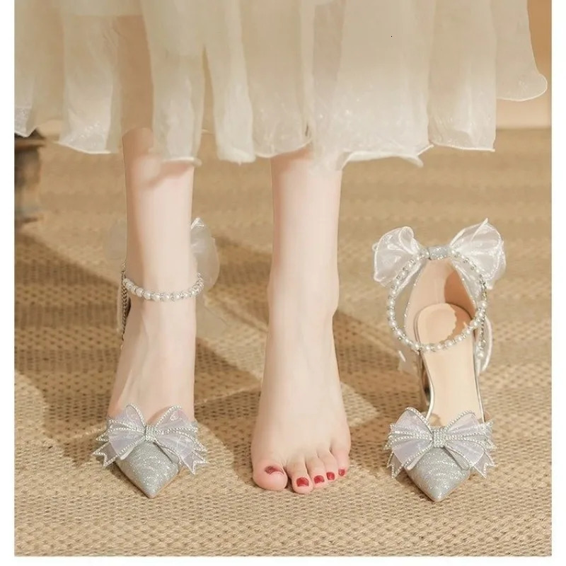 Spring Pointed Toe Party Woman Wedding Shoes Bride Bow Thick Heel Silver Sequin Fairy Lolita Style Single Shoes 241225