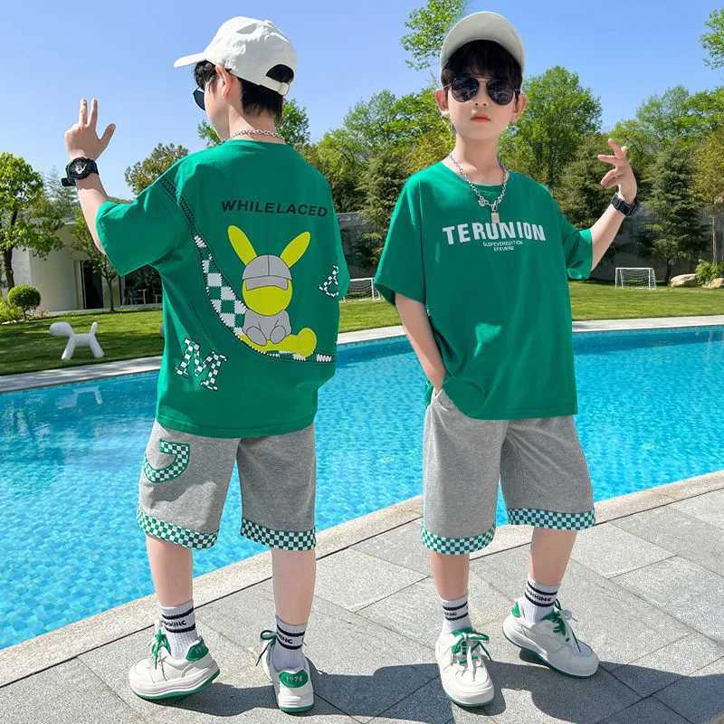 Clothing Sets Summer boys cotton letter cartoon T-shirt top+patch work flat pants set school childrens track and field clothes childrens 2PCS set 5-14