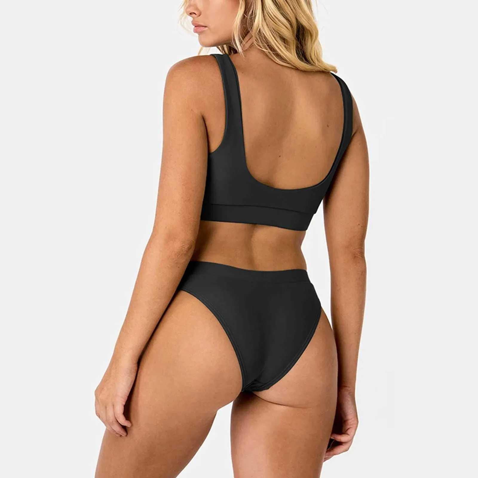 Solid color beach wear swimsuit tankinis set womens push up bikini set Padded Tank and High Waist short swimsuit two-piece setW241225