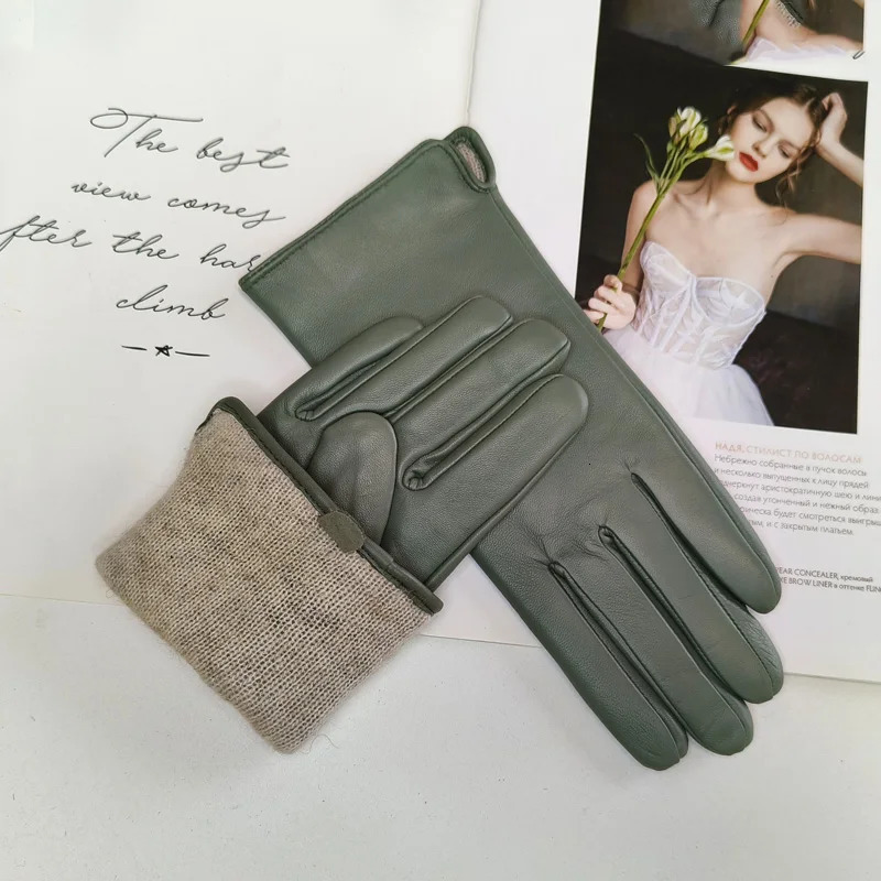 womens leather color gloves sheepskin classic straight style knitted lining spring driving mittens autumn 241225