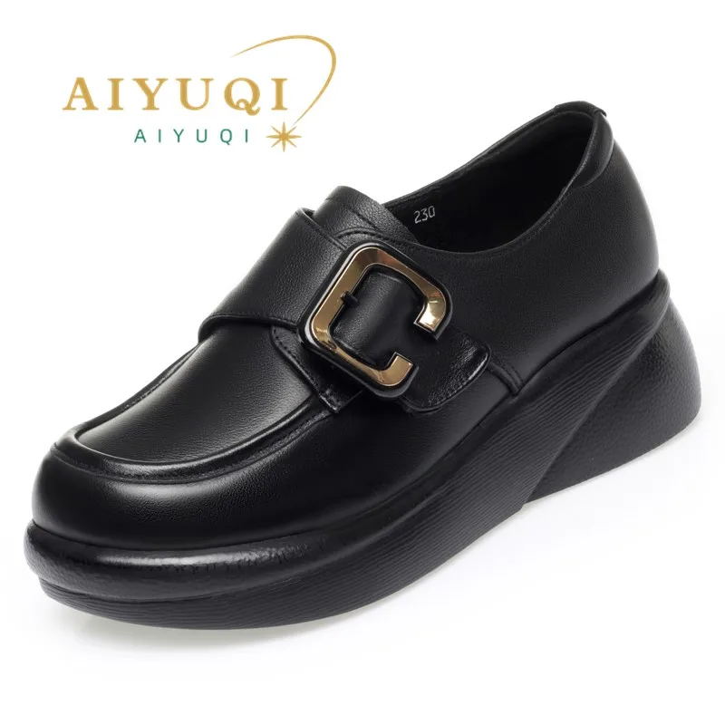 Spring Shoes Female Genuine Leather Platform Round Toe Vintage Women Shoes Large Size Wedge Casual Non-Slip Shoes Women