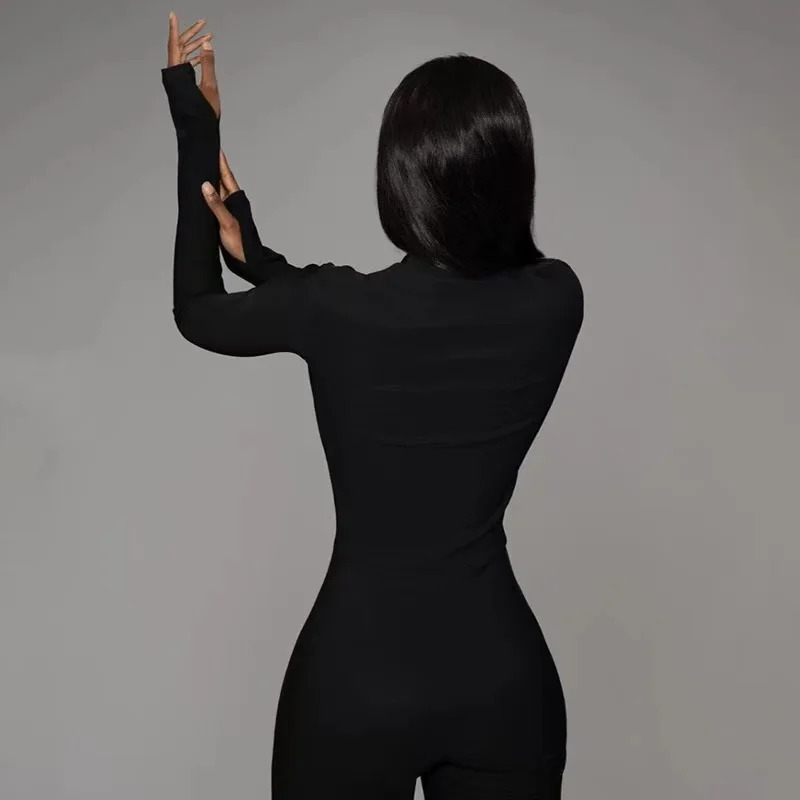 Solid Bodycon Jumpsuit Women Sporty Rompers Summer Fitness Long Sleeve Zipper Elastic One Piece Elegant Black Bodysuit 241225