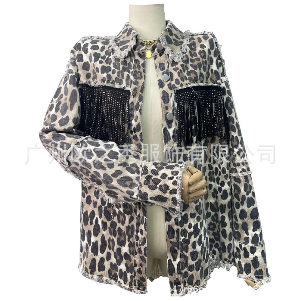 Women Spring Diamonds Beaded Tassels Washed Old Leopard Printed Denim Jacket Fringed Jeans Coat Cow Cardigan Streetwear Tops 241223