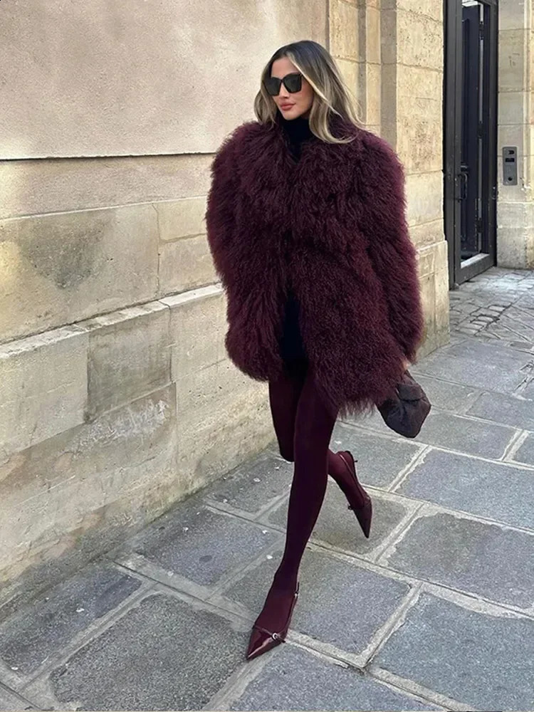Winter Solid Faux Fur Thicken Midi Coat Women Burgundy Long Sleeve Lapel Loose Warm 2024 Vintage Street Female Outerwear 241223