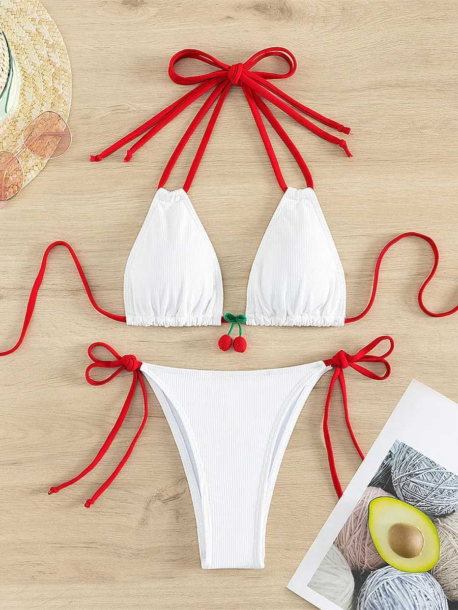 2024 Strawberry Designer Bikini Womens Sexy White Contrast Push Micro Swimsuit Brazilian Bandage Swimsuit thong SwimsuitW241225