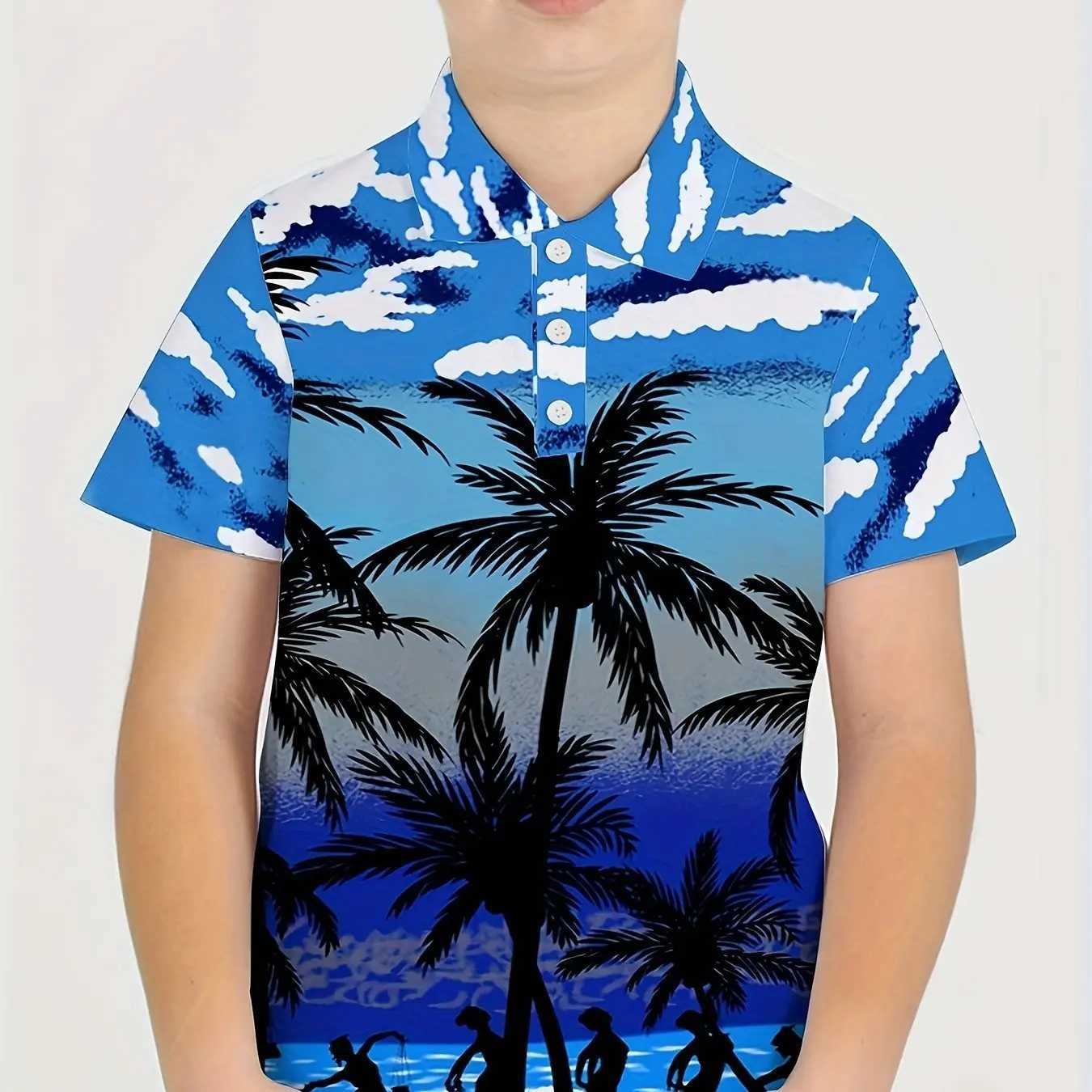 Casual Lapel Polo Shirts Boys For Children Short Sleeve 3d Print Beach Coconut Trees Pattern Versatile Summer Kids Tops ShirtXJ241225