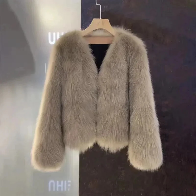 Autumn And Winter Solid Color Beautiful Fur Coat Female Short VNeck Fashion Korean Version Of Joker Laceup Thick Outcoat 241223