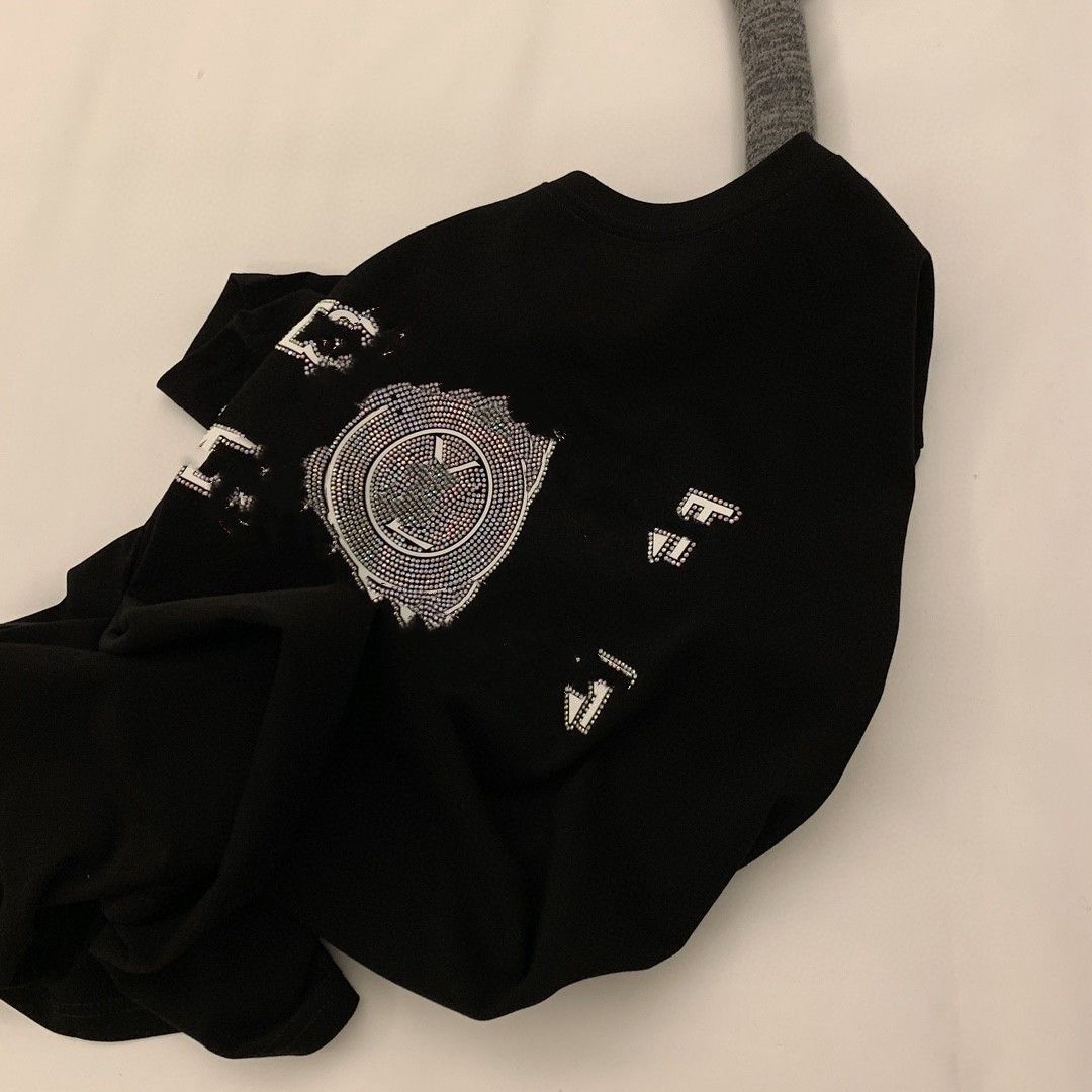 Women's T-Shirt Womens loose o-neck short slve cotton fabric rhinestone letter shinny bling t-shirts MLXL H25215