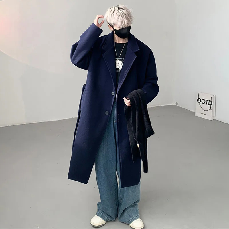 PFNW Autumn Mens Woolen Coat Casual Belt Thickened Single Breasted Solid Color Long Male Loose Trench Korean Style 12C968 241225