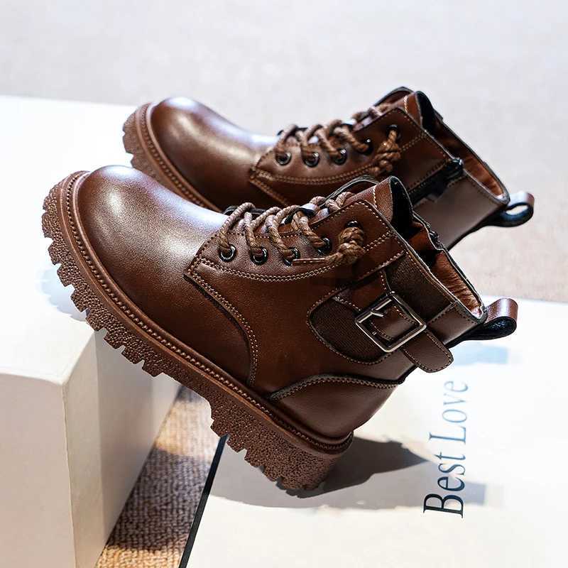 Athletic Outdoor Black Girls Boots 4 To 14 Years Fashion Autumn Winter Children Shoes Leather Non-slip British Style Ankle Boots for Girl Shoes H24122