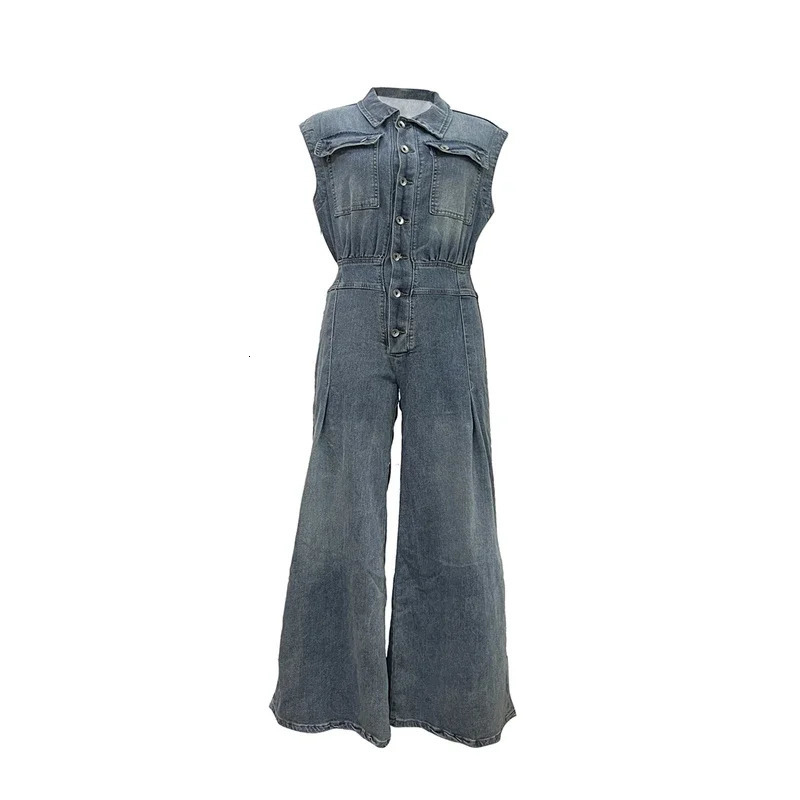 Streetwear Jeans Jumpsuits Fall Clothes Women Sleeveless Wide Leg Pants Denim Rompers Playsuits One Pieces Overalls Outfits 241224