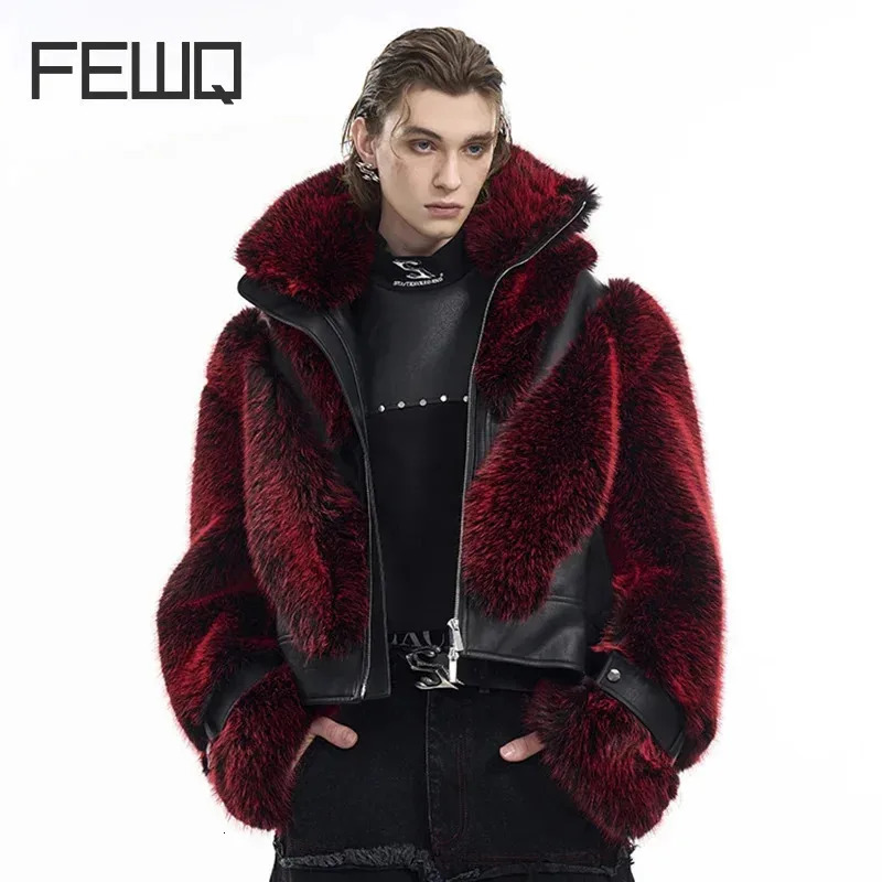 FEWQ Mens Leather Patchwork Plush Fur Coat Autumn Winter 2024 Long Sleeve Male Tops Korea Fashion 24E5614 241225