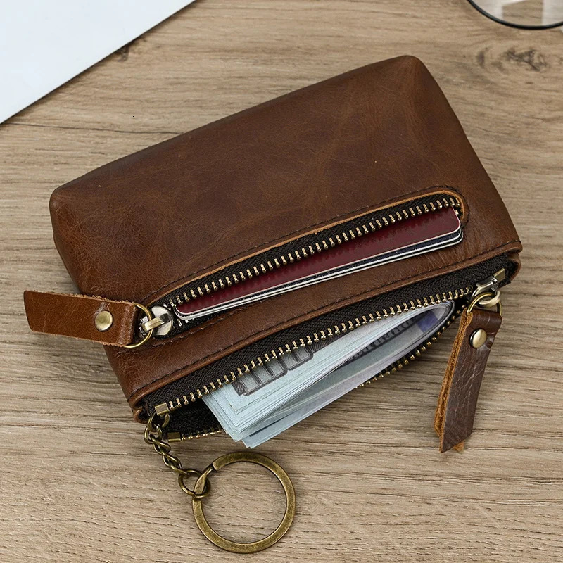 Little Coin Genuine Real Cowhide Mens Leather Short Mini Purse Men Women Wallet Card Zip With Key Ring