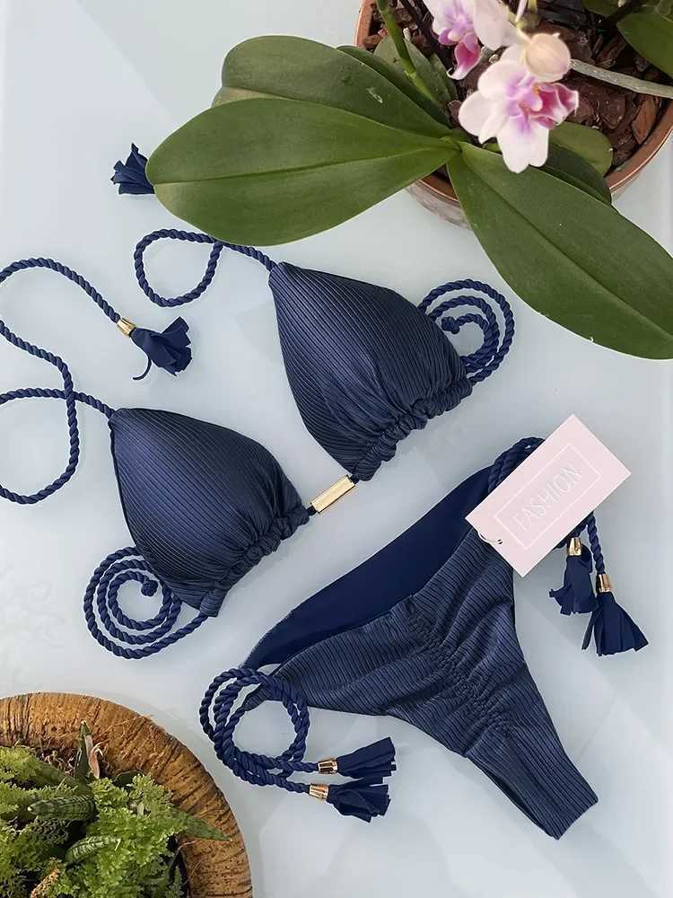 Womens Bikini New Special Fabric Solid Color Rope Swimsuit Multi ColorW241225