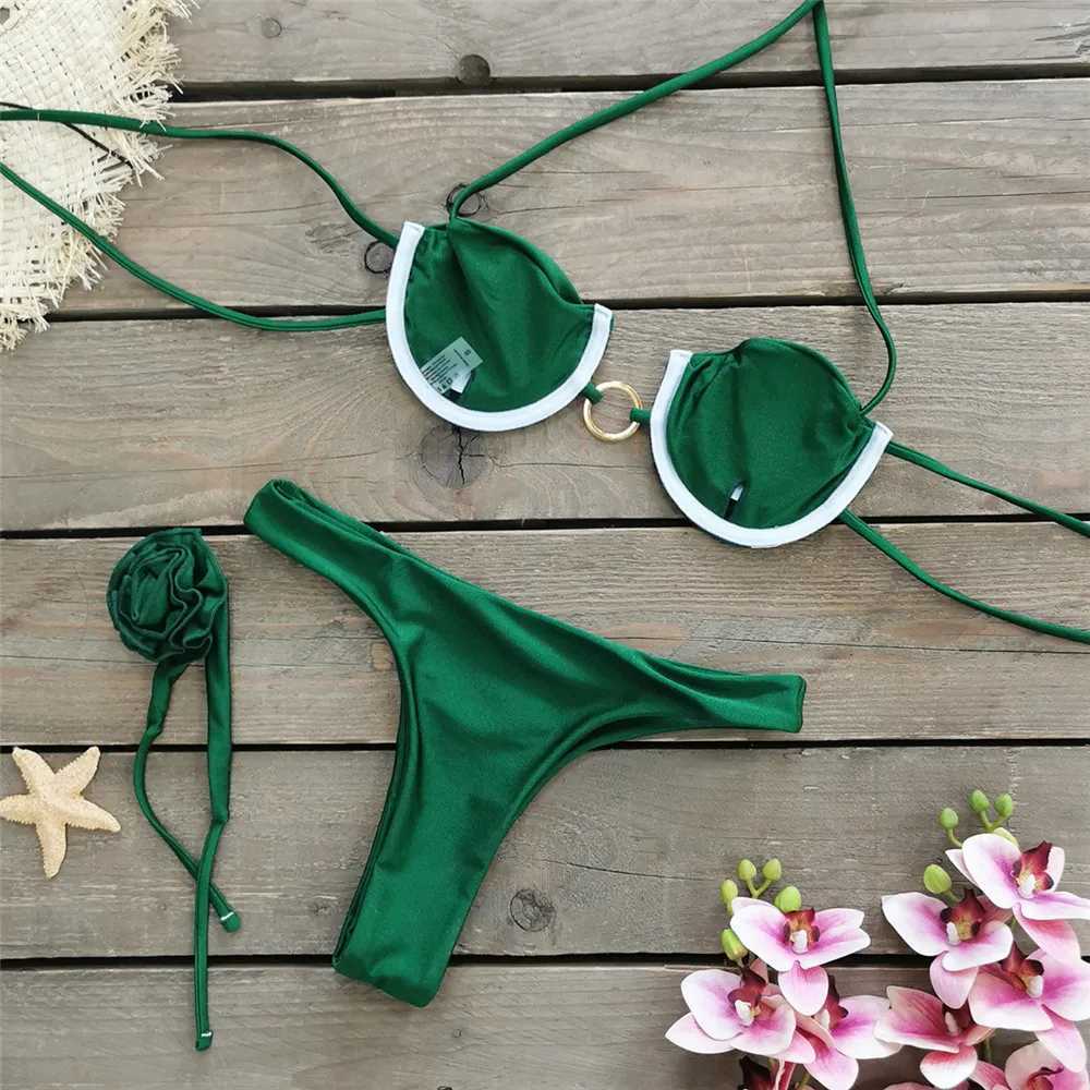 3D floral push up bikini set bead suspender swimsuit mini thong sexy swimsuit womens metal ring swimsuit bikini 2024 MuejerW241225