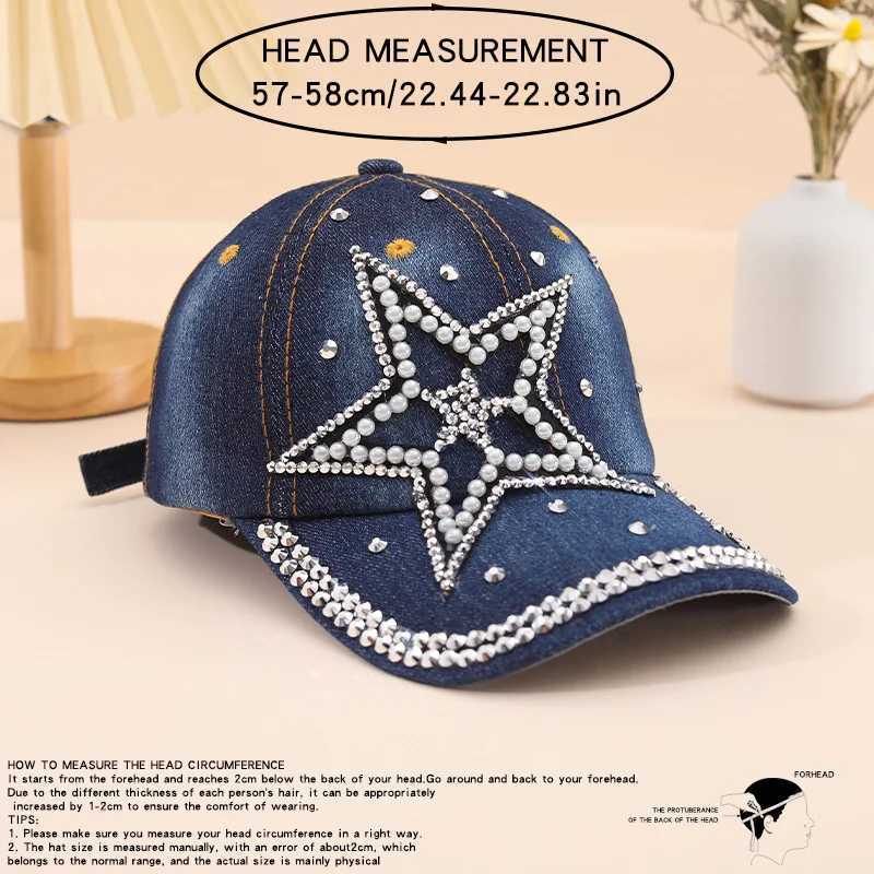 Fashionable Rhinestone Stud Star Denim Baseball Hat - Adjustable Casual Outdoor Sunscreen Peaked Hat with Shining Accent W241225