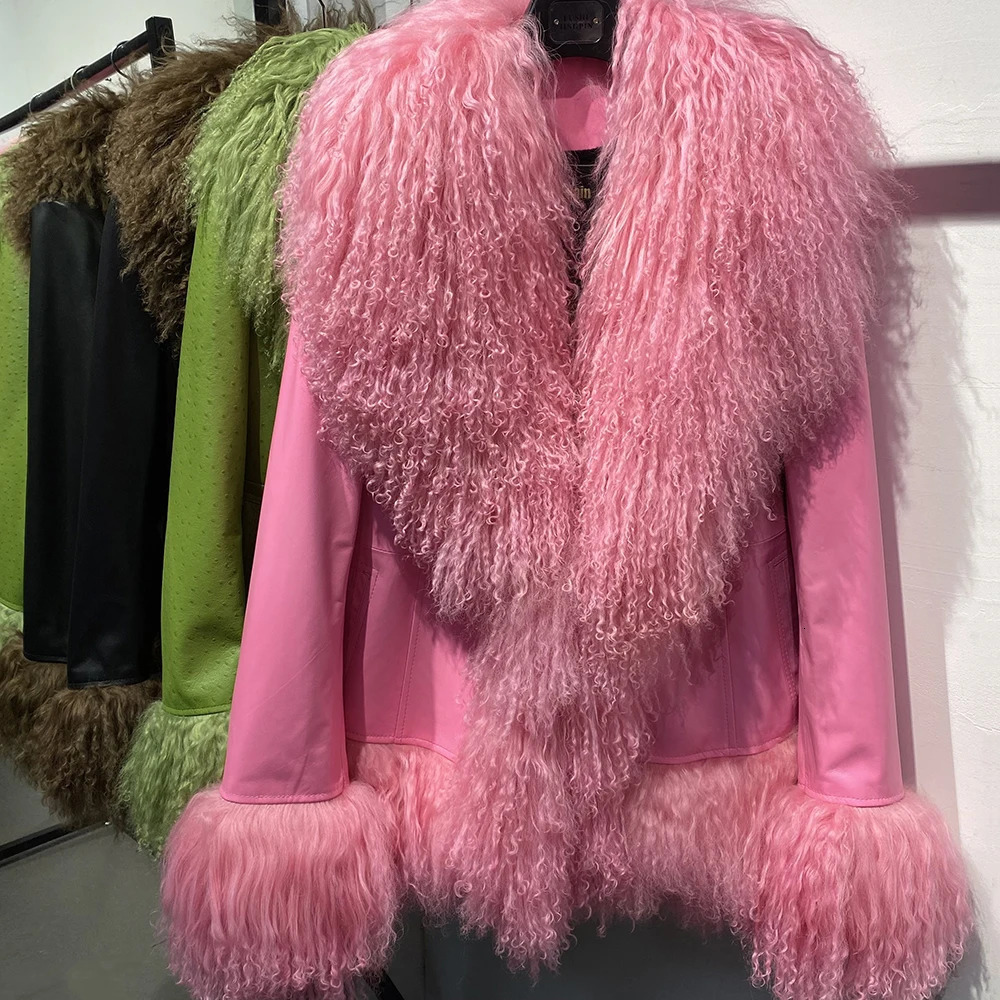 YOLOAgain Mongolia Sheep Fur Collar Real Leather Jacket For Women Sheepskin Coat 2024 Winter Outerwear 241225