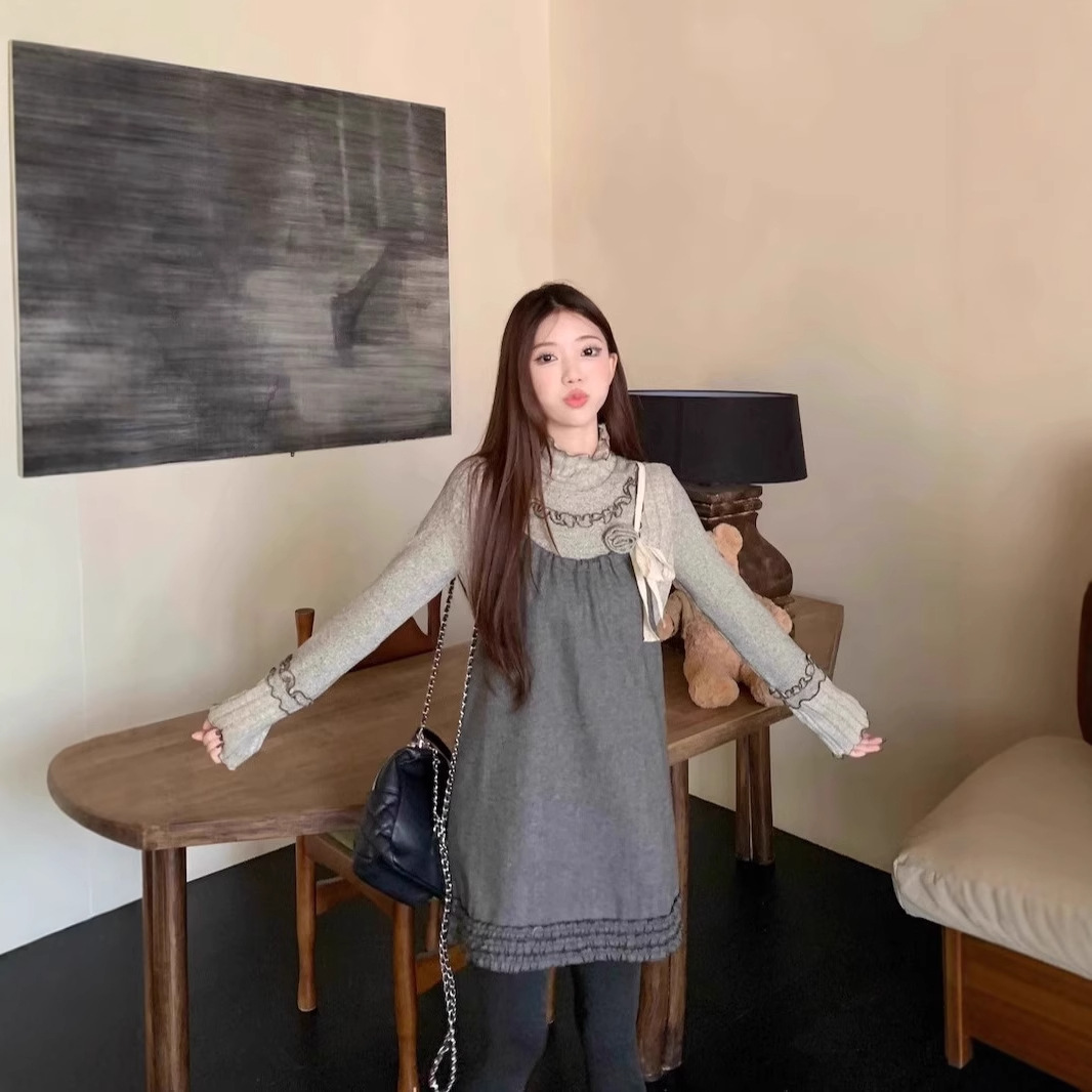 LO990v6 Sweet Girl Suit Gray Turtleneck Bottoming Shirt Women's Winter Suspender Dress Two-piece Suit