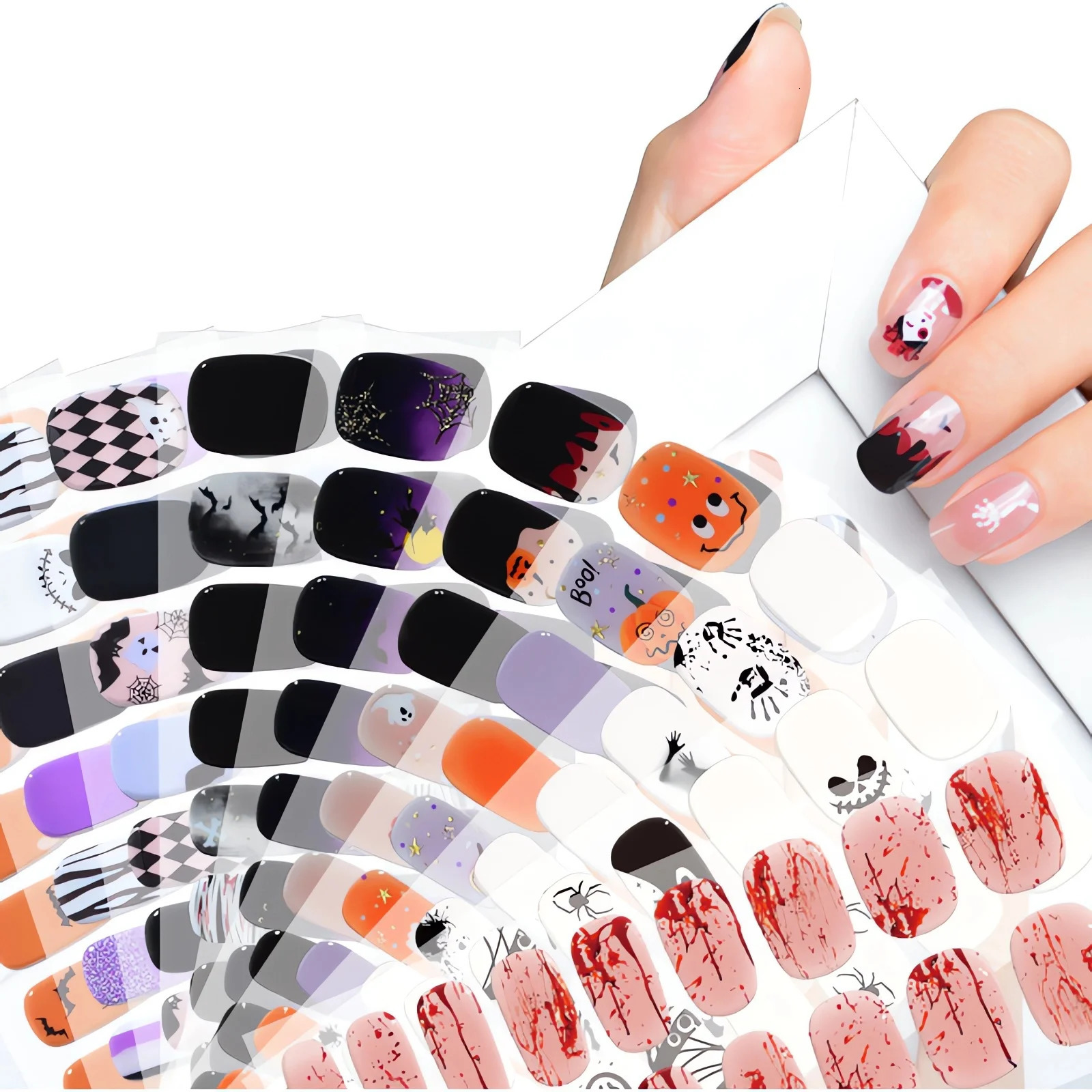 Halloween Semi-Cured Gel Nail Stickers - Golden Marble Full Cover Waterproof Long Lasting Adhesive Nail Strips UV Lamp 241225