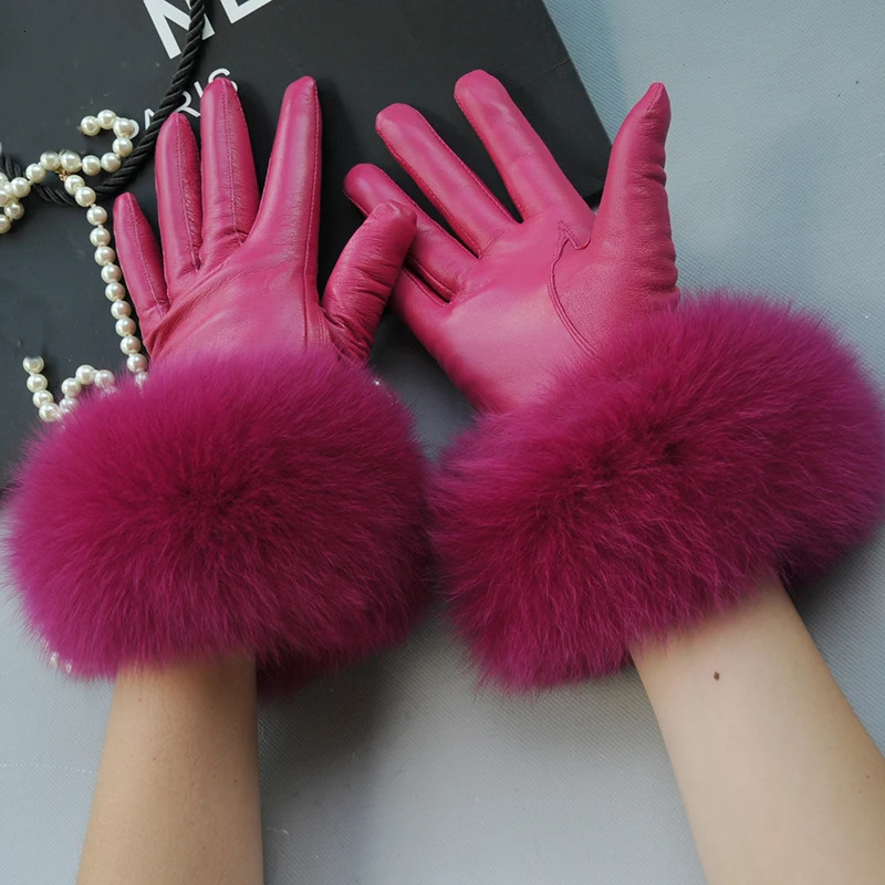 Real Sheepskin Fox Fur Gloves Womens Genuine Leather Glove Winter Warm Fashion Style Natural Fluffy Fox Fur Oversized Customize 241225