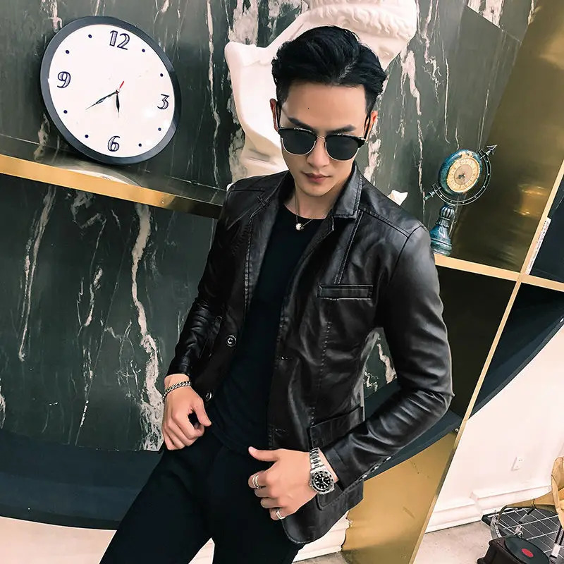 Thin Slim Fit Leather Jacket for Men Single Breasted In Man Suits and Blazers Handsome Vintage Simple Casual Classic Coats 241225