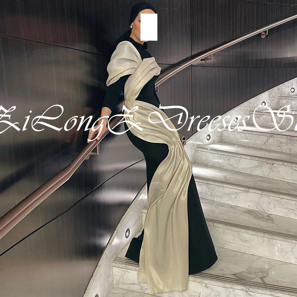 Elegant Party Dresses Woman High Collar Satin Pleats Sweep Train Contrast Color Long Sleeve Satin Dresses For Formal Occasi 241223