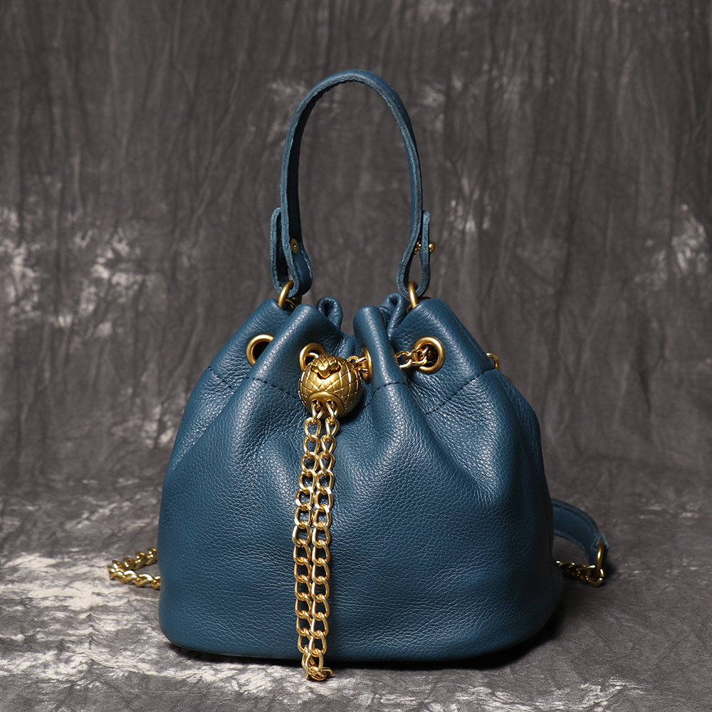 LUOKIR New Metal Drawstring Versatile Women's Handbag Genuine Leather Chain Crossbody Vintage Bucket Mobile Phone Bag