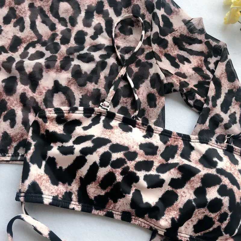 Long sleeved 3-piece swimsuit high cut leopard cover push up bikini independent sports bandage bathroom set thong swimsuitW241225