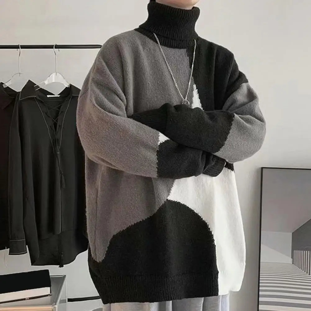 High Collar Sweater Colorblock Knitted Turtleneck Mens with Neck Soft Warmth Elastic Mid Length 241225