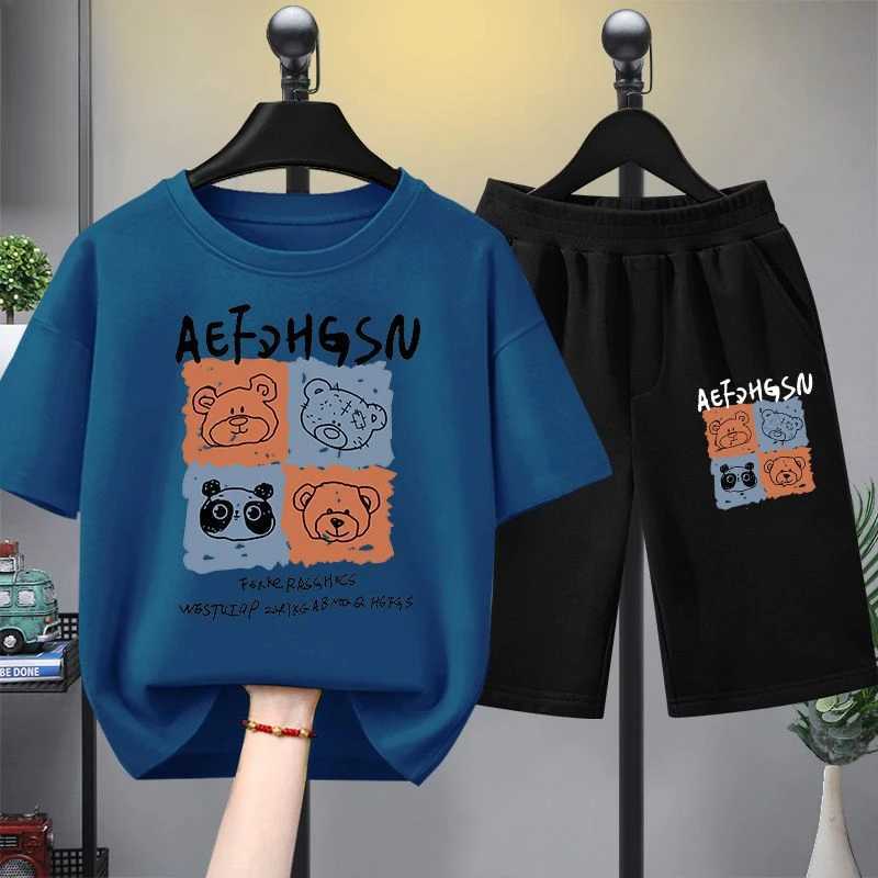 Clothing Sets Summer boys clothing set childrens and girls fashionable bear print T-shirt and shorts 2-piece set childrens casual topY241225703A