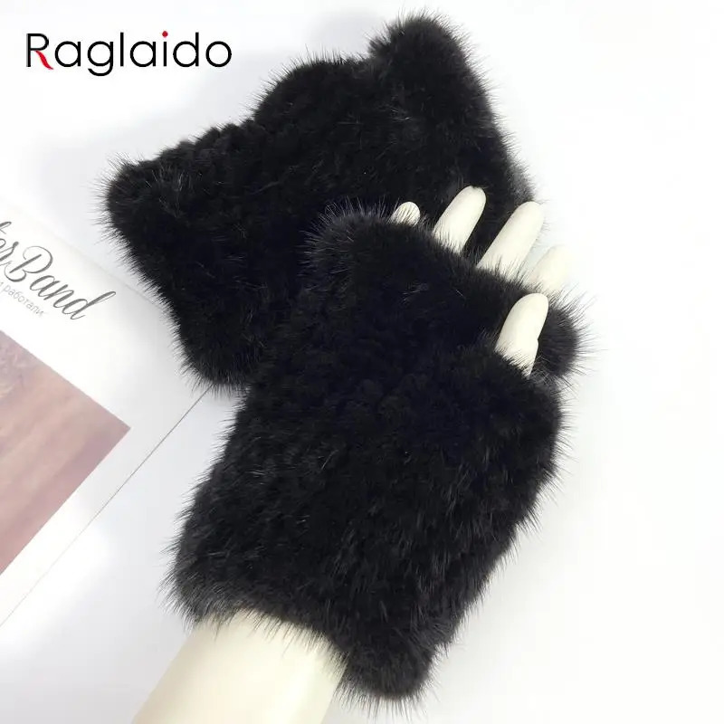 Real Mink Fur Fingerless Gloves for Women Girls Natural Fur Knitted Mittens Warm Soft Winter Gloves 241225