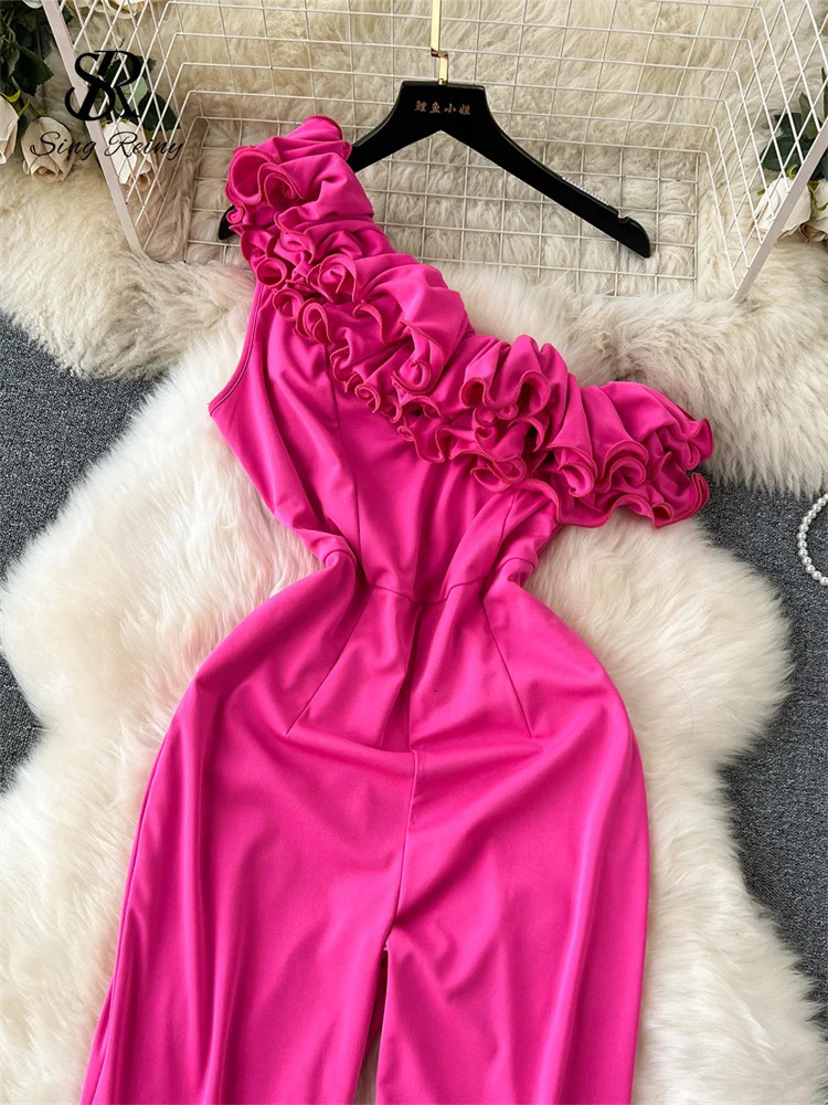 SINGREINY Off the Shoulder Sexy Jumpsuits 3D Floral Zipper Slim Rompers Fashion Solid Wide Legs Long Playsuits 241224