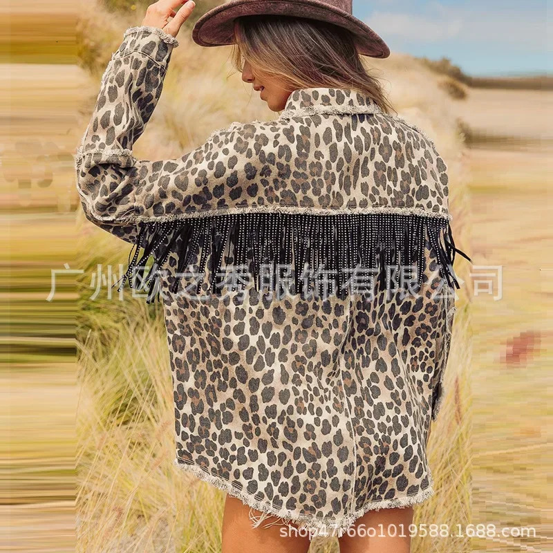 Women Spring Diamonds Beaded Tassels Washed Old Leopard Printed Denim Jacket Fringed Jeans Coat Cow Cardigan Streetwear Tops 241223