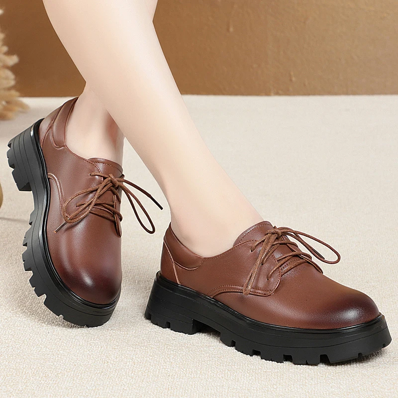 AIYUQI Women's Shoes Large Size Autumn Genuine Leather Lace Female Loafers Thick Bottom Female Oxford Shoes