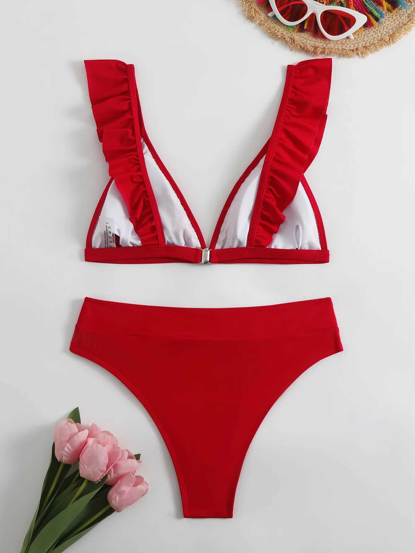 Sexy Ruffle V Bra Push Up Bikini Set 2024 Womens Red Ruffle High Waist Swimsuit Summer Swimsuit 2-Piece Swimsuit Beach WearW241225