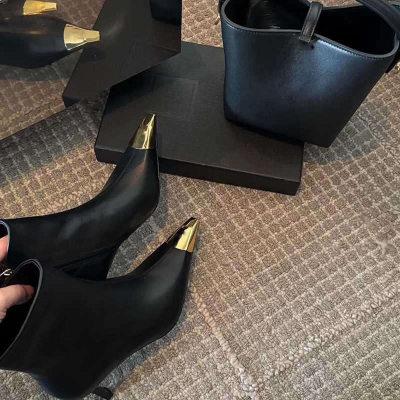 24X1 New 2024 Metal Small Square Toe Slim Heel High-Heeled Shoes Versatile, Fashionable And Comfortable, Side Zipper Short Boots For Women
