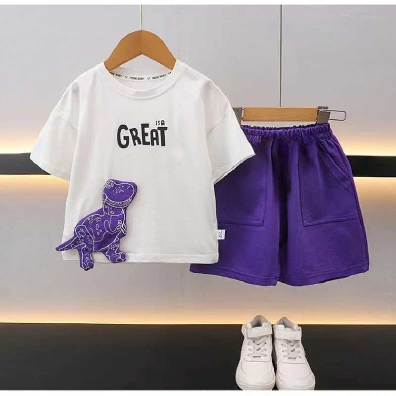 Clothing Sets Summer childrens girls and boys clothing set childrens cartoon dinosaur short sleeved zipper top and shorts 2-piece set letter setY24122