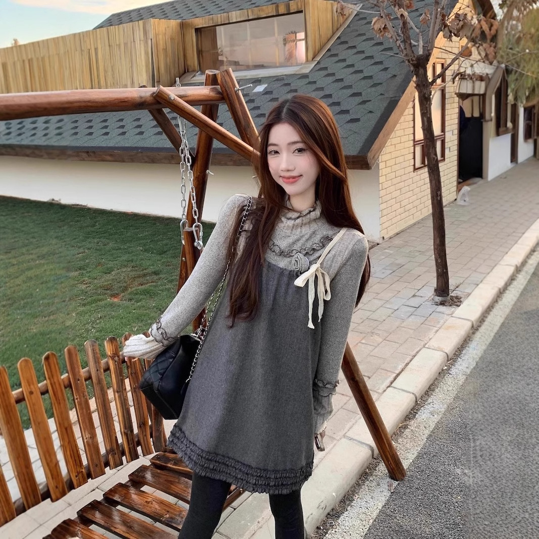 LO990v6 Sweet Girl Suit Gray Turtleneck Bottoming Shirt Women's Winter Suspender Dress Two-piece Suit