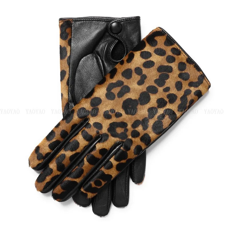 YY5388 Novelty Women Leopard Print Genuine Leather Gloves Ladies Short Winter Wool Lined Thick Luvas Botton Warm Guantes Mujer 241225