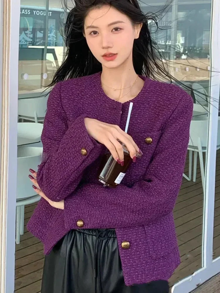 Vintage Tweed Purple Jacket Women Elegant Long Sleeve Single Breasted Woolen Coat Korean Fashion Outwear Fall Winter 241224