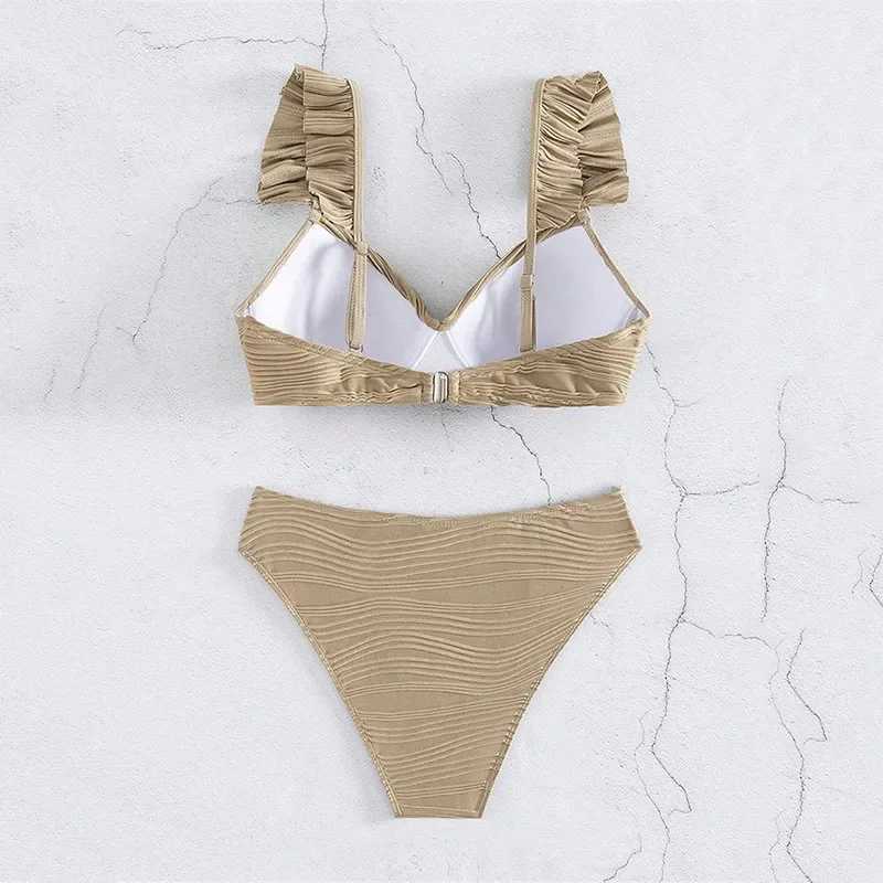 Sexy khaki ribbon swimsuit high waisted bikini set 2024 strapless swimsuit cross bandage Brazilian bikini swimsuitW241225
