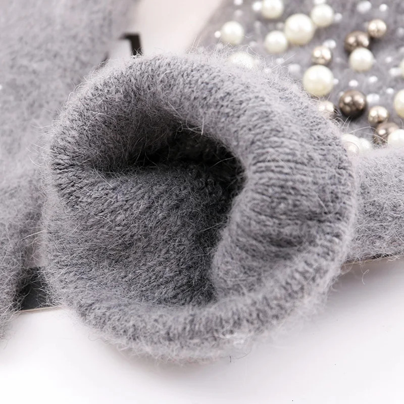 Winter Rabbit Fur Thicken Warm Knit Gloves Fashion Women Elasticity Diamonds Pearl Half Finger Touch Screen Gloves H22 241225