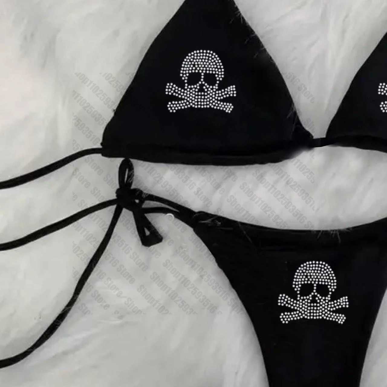 Y2K bikini set Rhinestone skeleton emo swimsuit womens sexy printed pad bra thong two-piece swimsuit beach wear womens swimsuitW241225