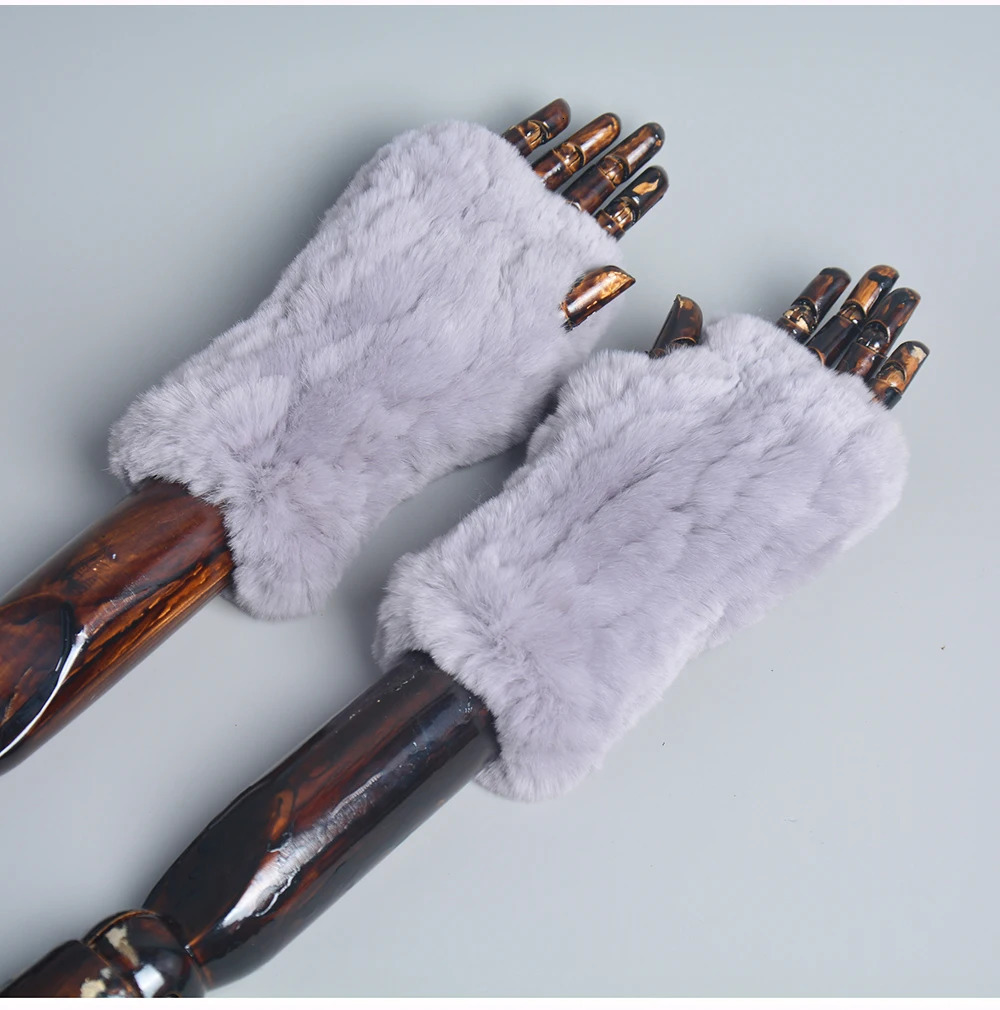 Women Real Genuine Knitted Rex Rabbit Fur Mitten Winter Warm Lady Real Fur Fingerless Gloves Handmade Knit Fur Mitten 241225