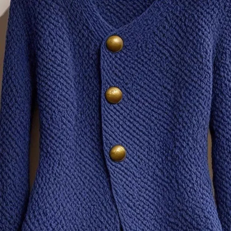 Autumn Winter Fashion Solid Chic Button Thick Knitter Cardigan Womens Clothing Elegant Wool Slim Vneck Commute Blue Sweaters 241225