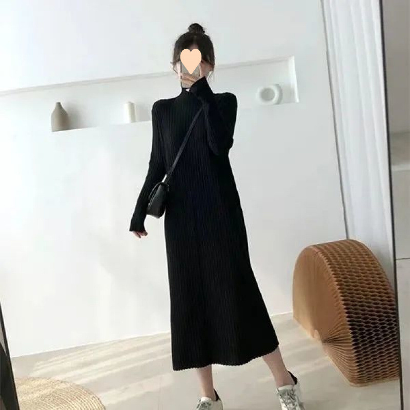 V65048 New knitted bottoming dress for women, autumn and winter high collar, medium and long style, temperament sweater long skirt over the knee