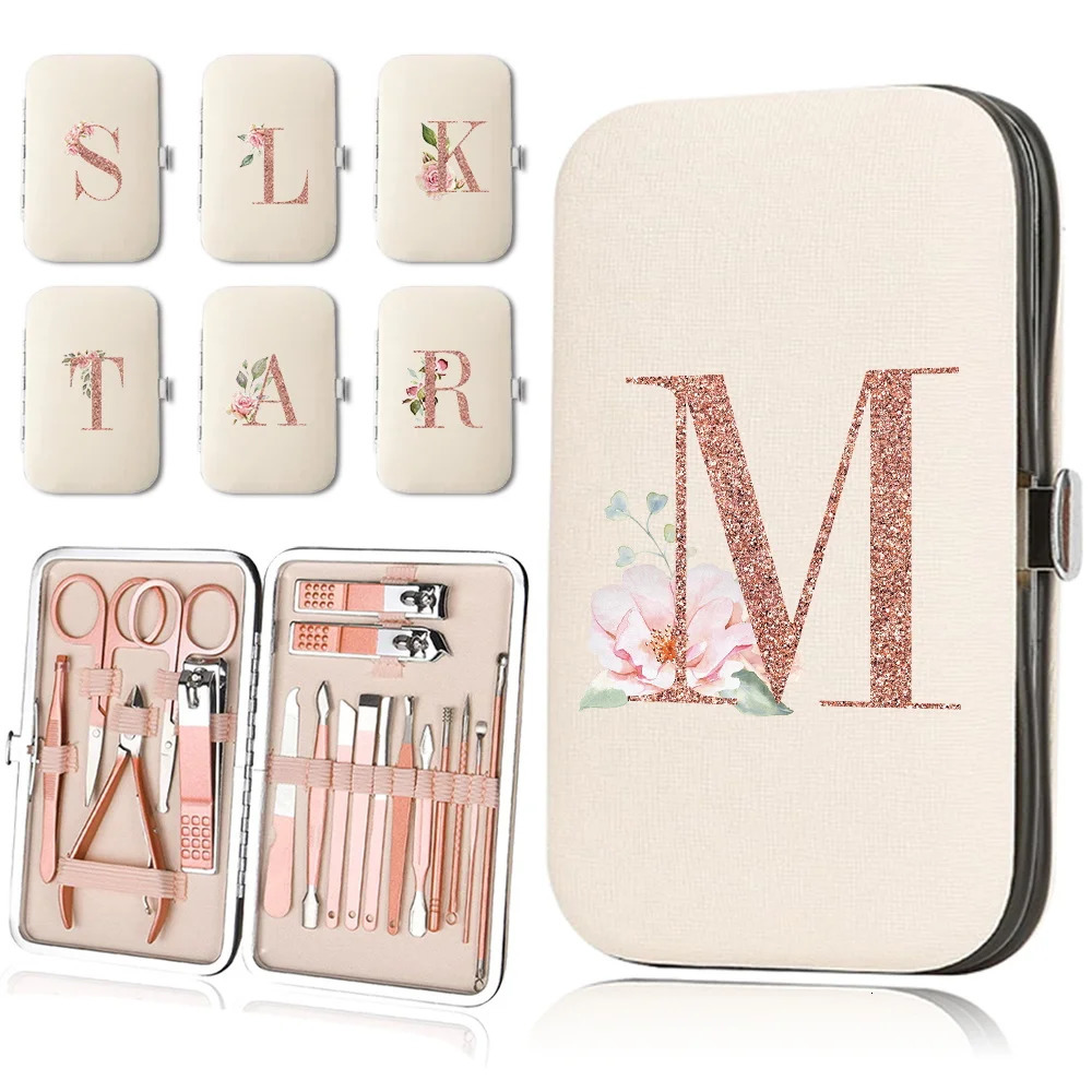 18Pcs Nail Clipper Set Manicure Pedicure Kit Stainless Steel Nippers Trimmer Care Tool Portable PU Case Rose Gold Letter Pattern 241225