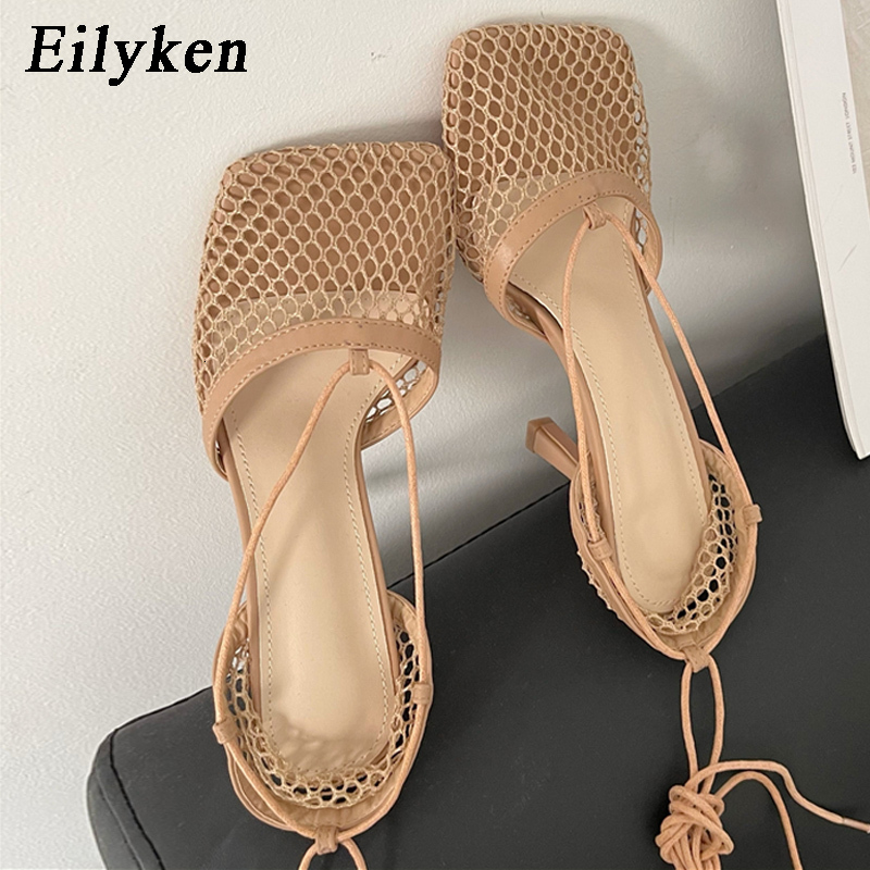 Eilyken Fashion Hollow Breathable Mesh Square Toe Stiletto High Heels Women Pumps Ankle Lace-Up Elegant Dress Ladies Shoes